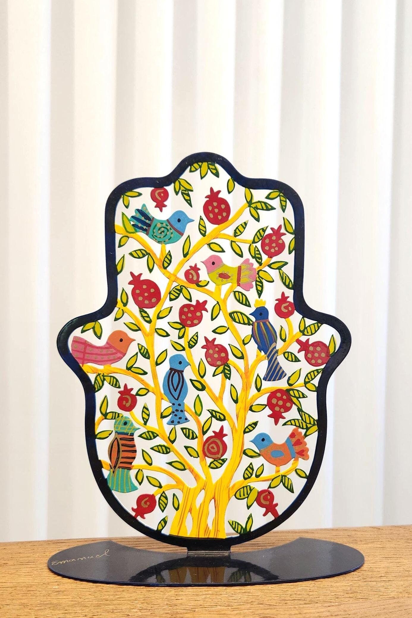 Yair Emanuel Judaica Art Metal Sign Israeli Artist Jewish Art Hanukkah Gift Jewish Gifts Judaica Gift for Home Decor Hamsa Sign Pomegranate
