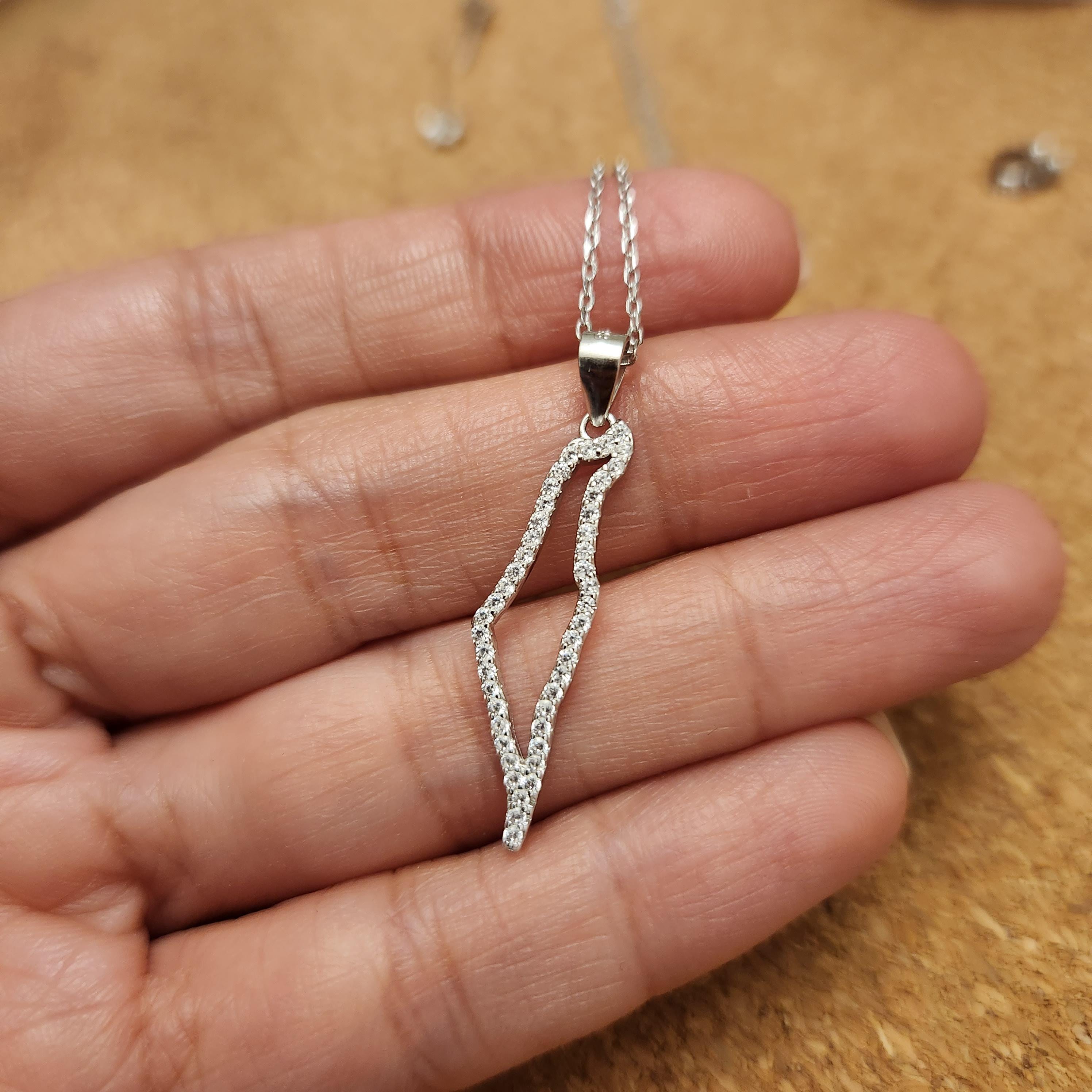 Israel Map Necklace Silver 925 with Zircons