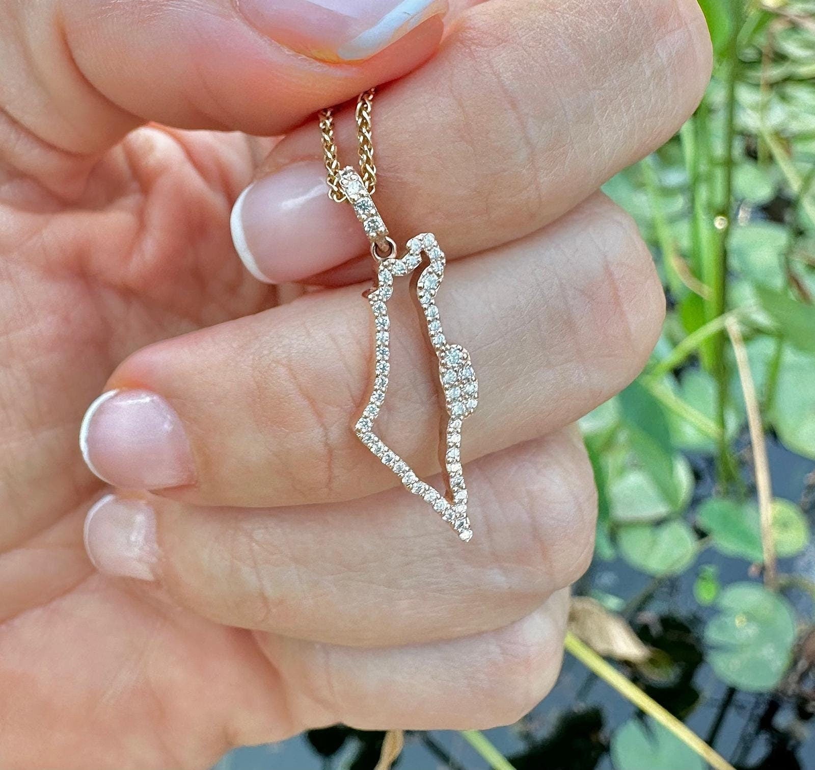 Israel Map Necklace Solid Gold with Diamonds