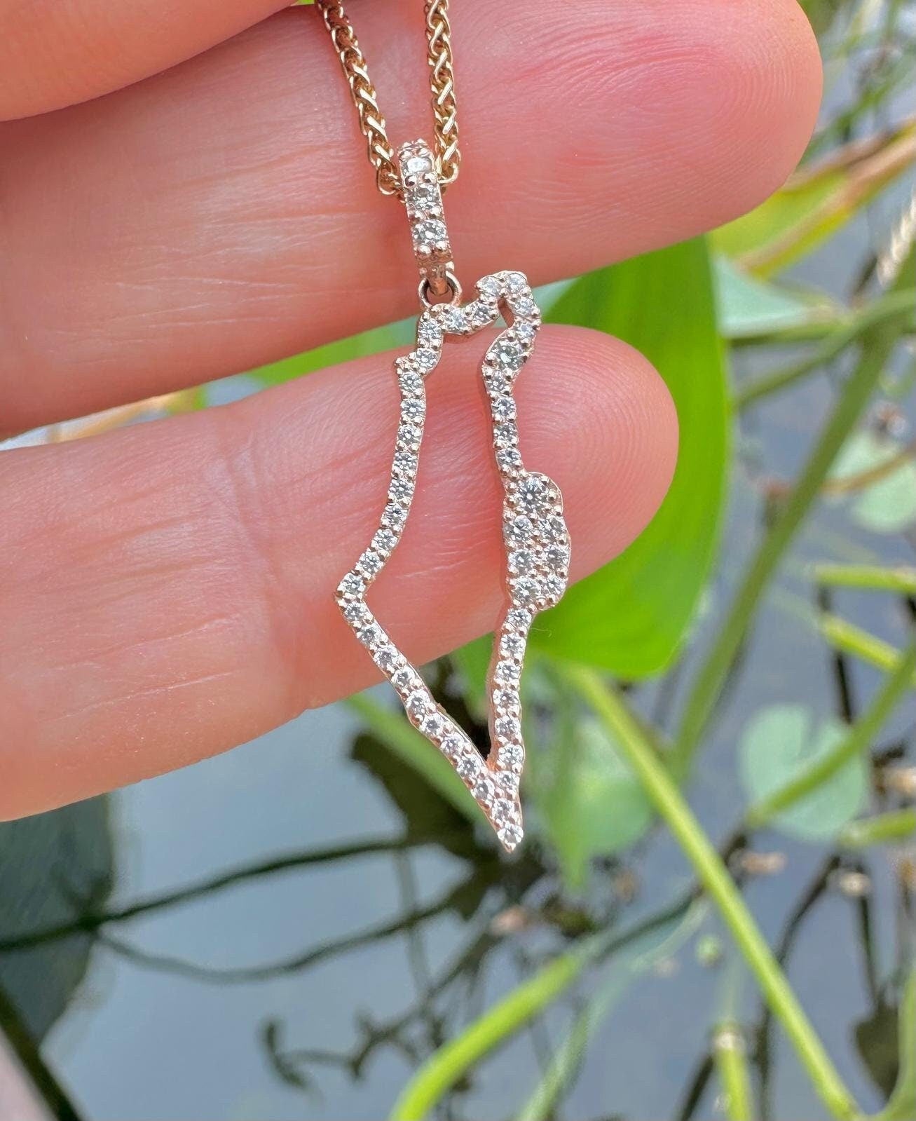 Israel Map Necklace Solid Gold with Diamonds