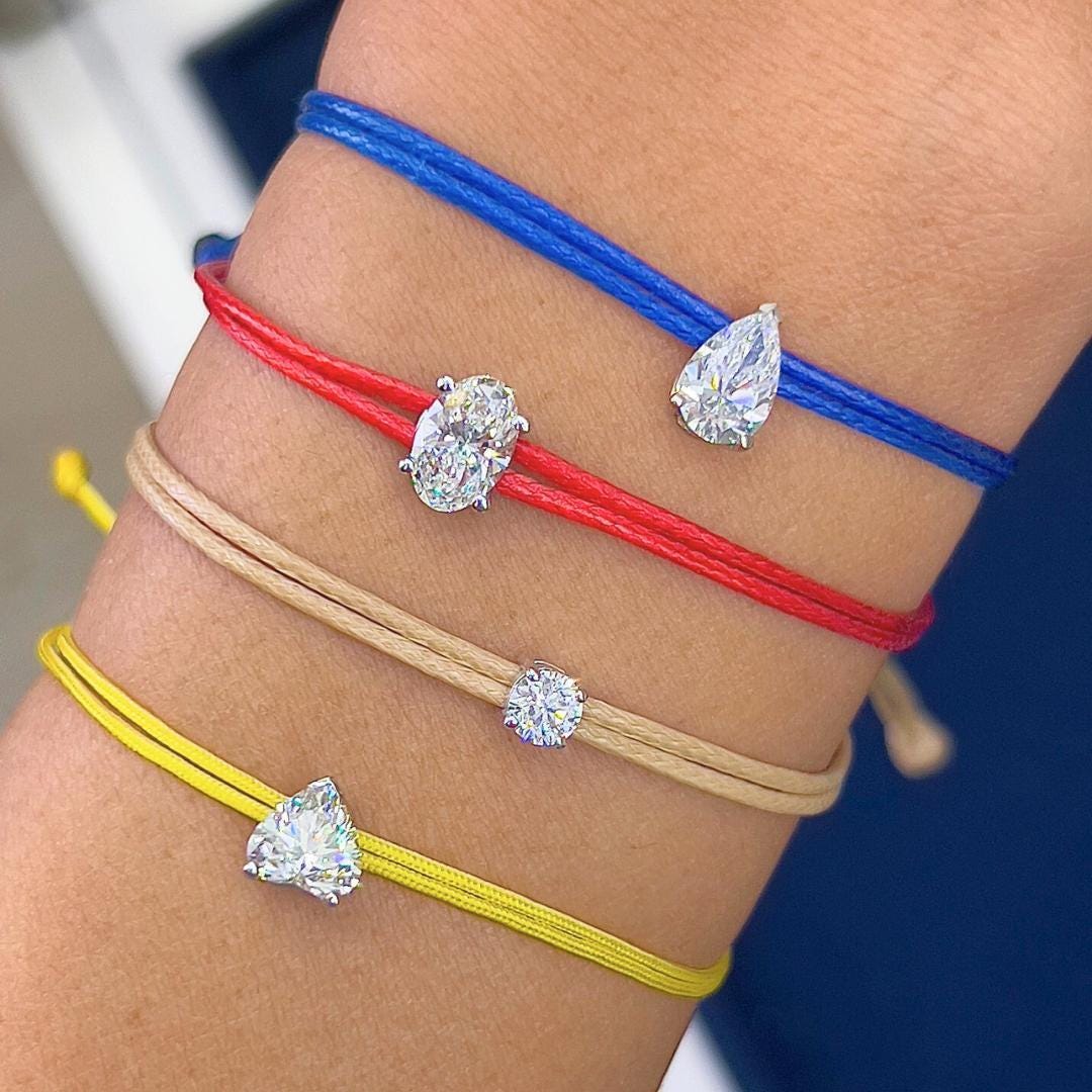 Solitaire Diamond Thread Bracelet 14k Gold Diamond Charm Red String Round Diamond Oval Cut Teardrop Heart Jewelry for Mom Gift for Her