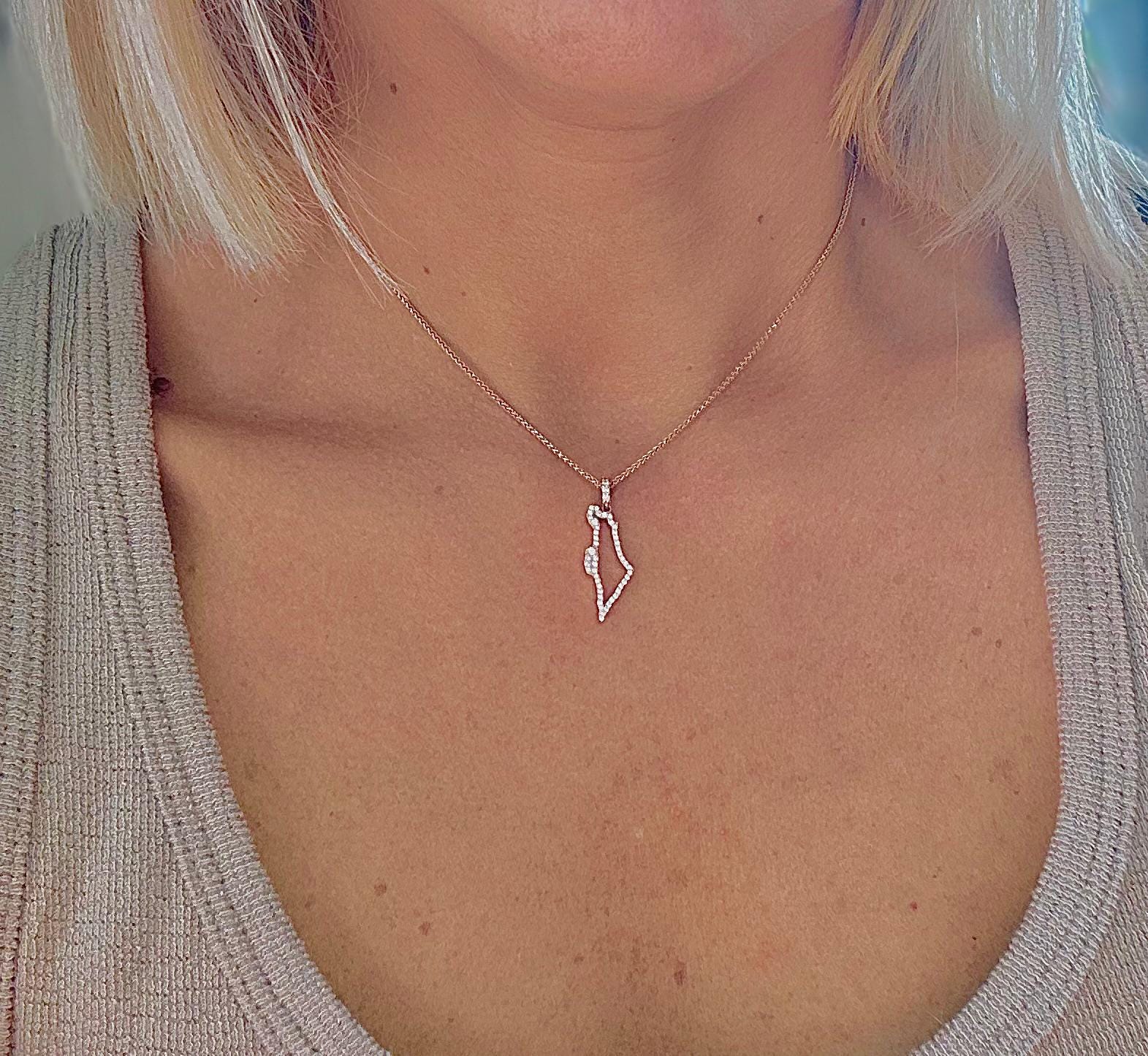 Israel Map Necklace Solid Gold with Diamonds